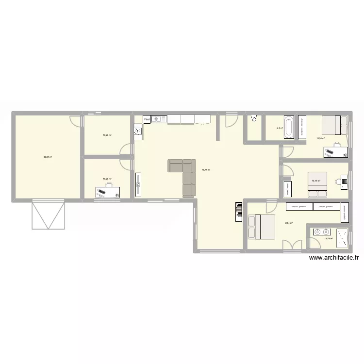 Maison L plein pied. Plan de 9 Pièces et 182 m²