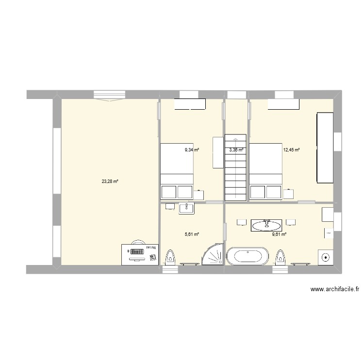 Nouvel étage avec aménagements_et nouvelle longueur. Plan de 6 pièces et 64 m2