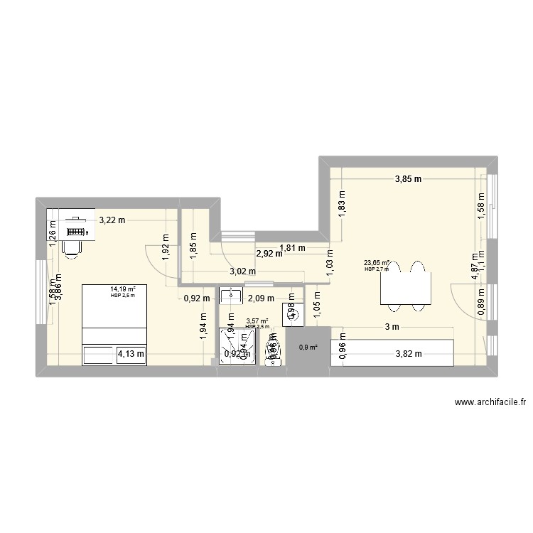 Rénovation RDJ BAILLE agencement 2. Plan de 4 pièces et 42 m2