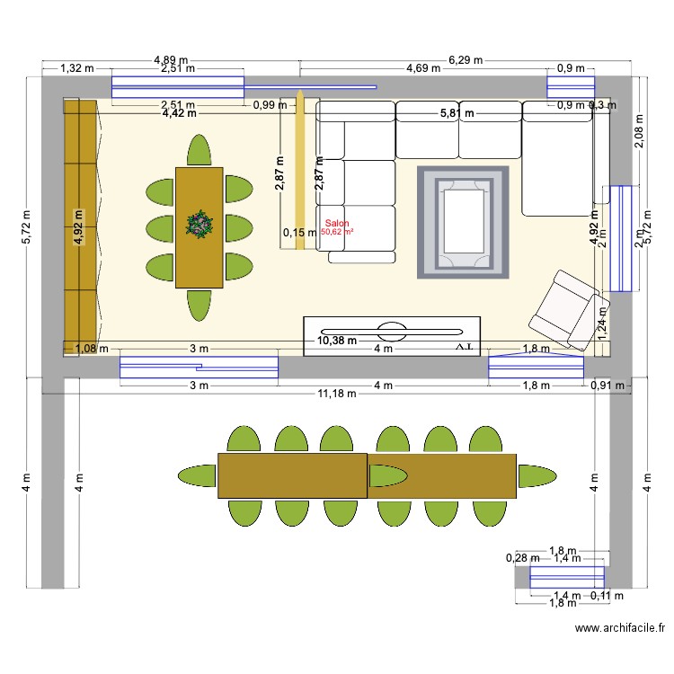 salon+ salle à manger. Plan de 1 pièce et 51 m2