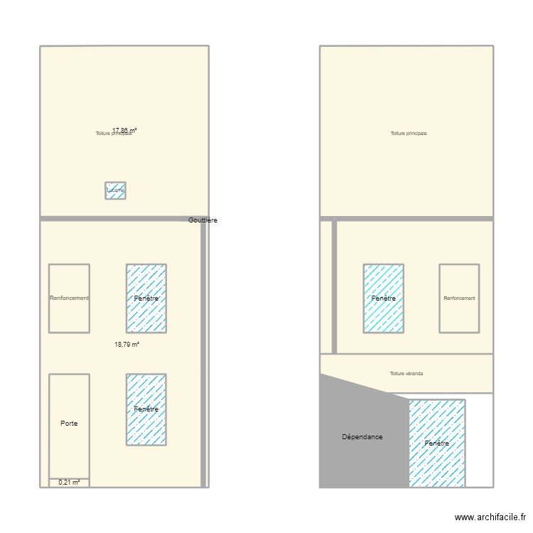 Plan façades avant/arrière 44 avant travaux. Plan de 17 pièces et 100 m2