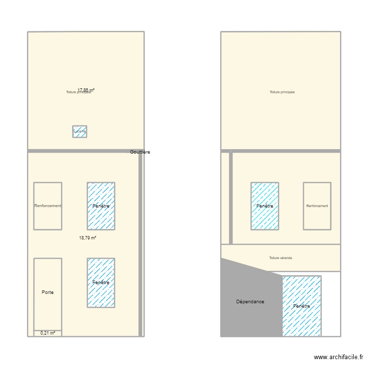 Plan façades avant/arrière 44 avant travaux. Plan de 10 pièces et 21 m2