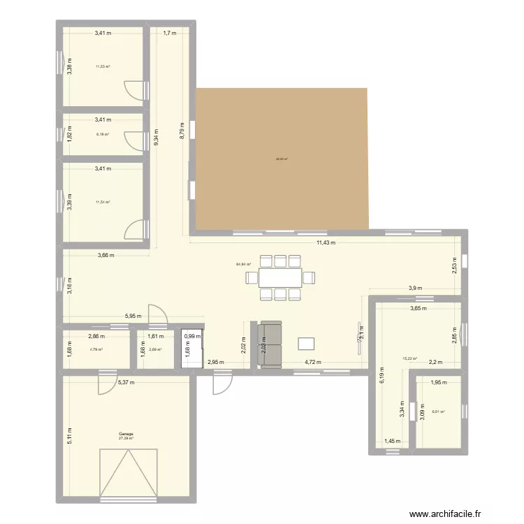 Plain pied U - 3 chambres - full expo sud. Plan de 9 Pièces et 170 m²