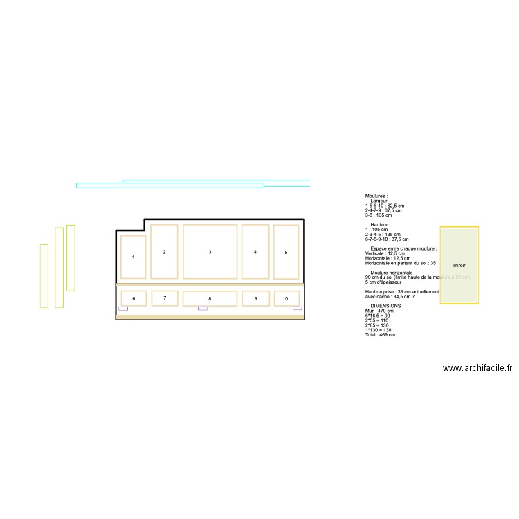 MOULURES N°14 - Modèle mur canapé - Esp. 12,5. Plan de 1 pièce et 12 m2