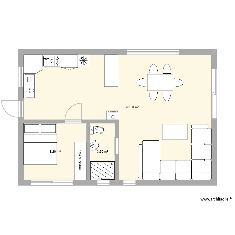 casa plain pied. Plan de 3 pièces et 53 m2