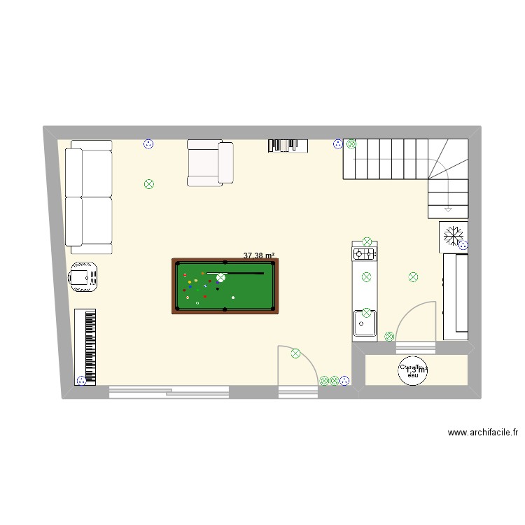 RDC. Plan de 2 pièces et 39 m2