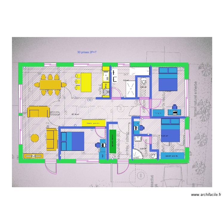 Aménagement projection Collin Verjux. Plan de 6 pièces et 101 m2