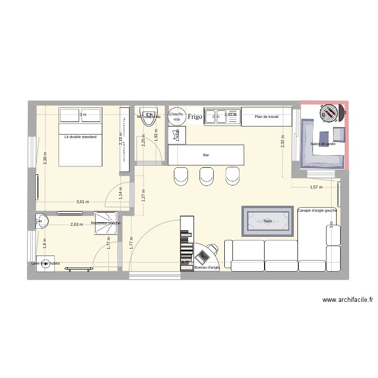 F A 47 m². Plan de 1 pièce et 47 m2