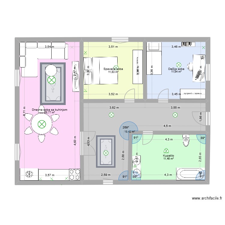 Dnevna soba. Plan de 5 pièces et 83 m2