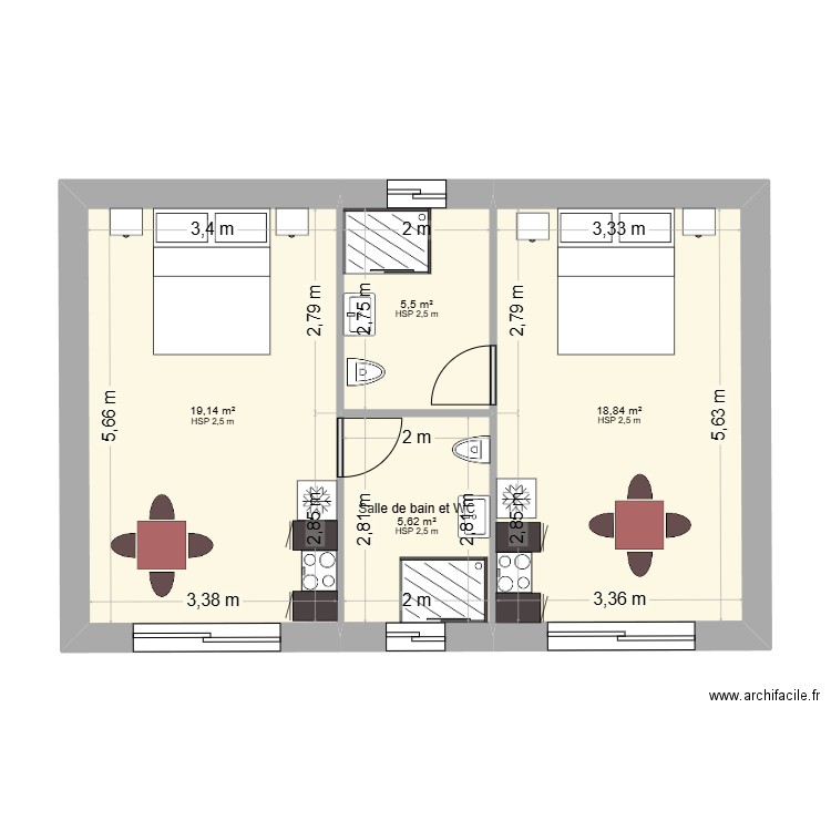 Gites. Plan de 4 pièces et 49 m2