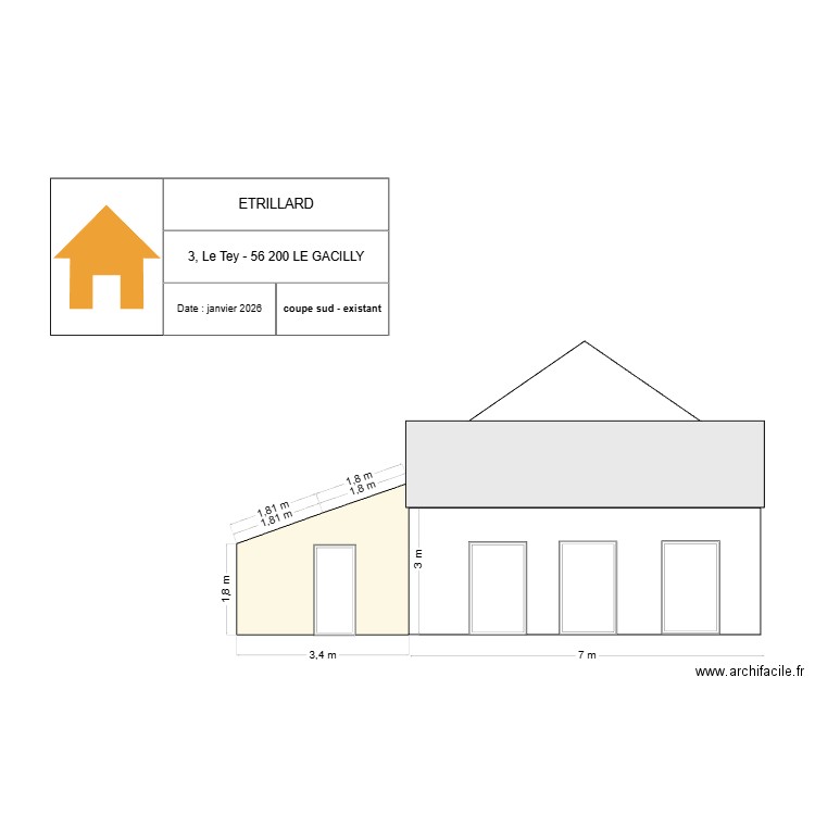 le tey coupe sud existant. Plan de 1 pièce et 109 m2