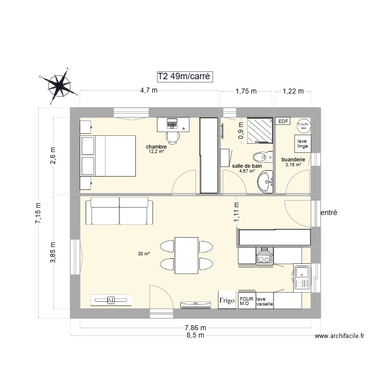 1appT2. Plan de 4 pièces et 50 m2