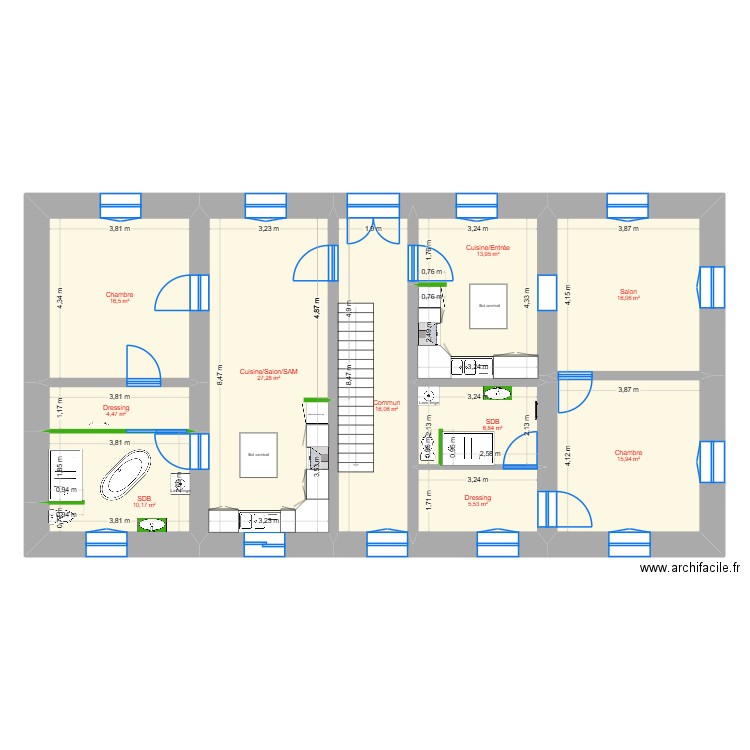 Etage 1. Plan de 10 pièces et 134 m2