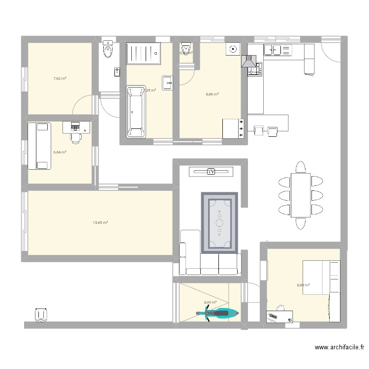 Garage + cour intérieure. Plan de 8 pièces et 59 m2