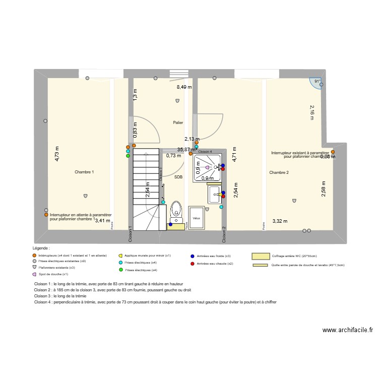 Plan étage - Cloisonnement, plomberie et électricité. Plan de 2 pièces et 40 m2