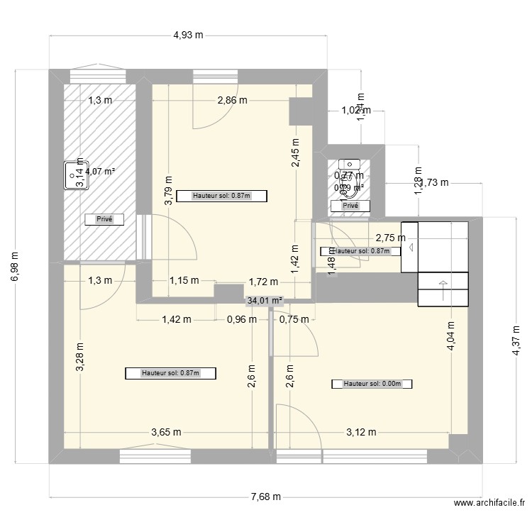 Laverie Avant. Plan de 3 pièces et 39 m2