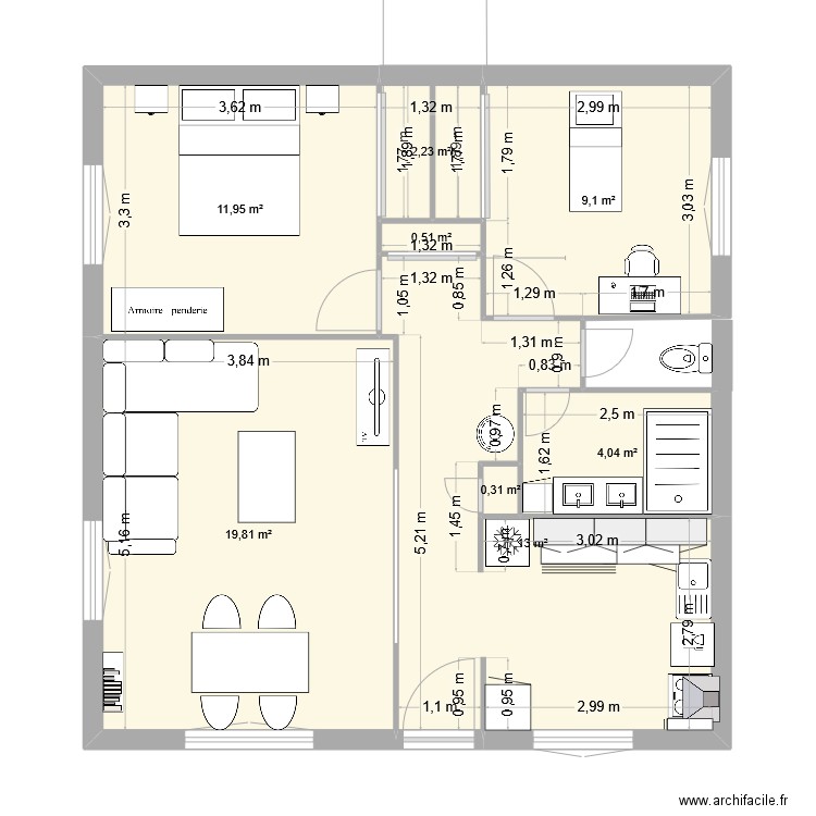 salon sam. Plan de 8 pièces et 65 m2