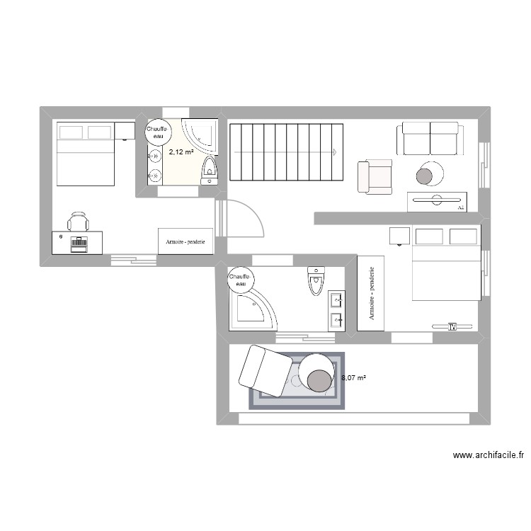 R+1. Plan de 2 pièces et 10 m2