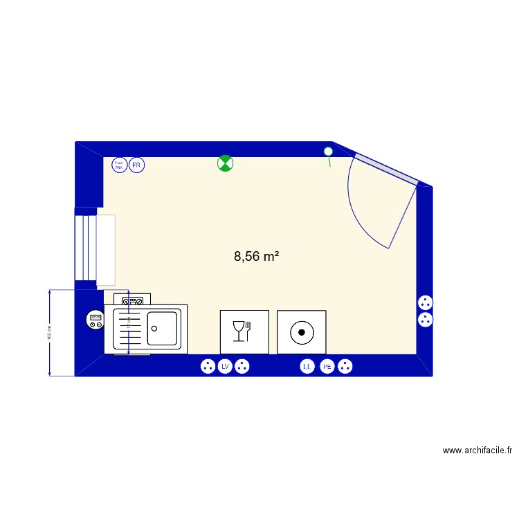 cuisine. Plan de 1 pièce et 9 m2