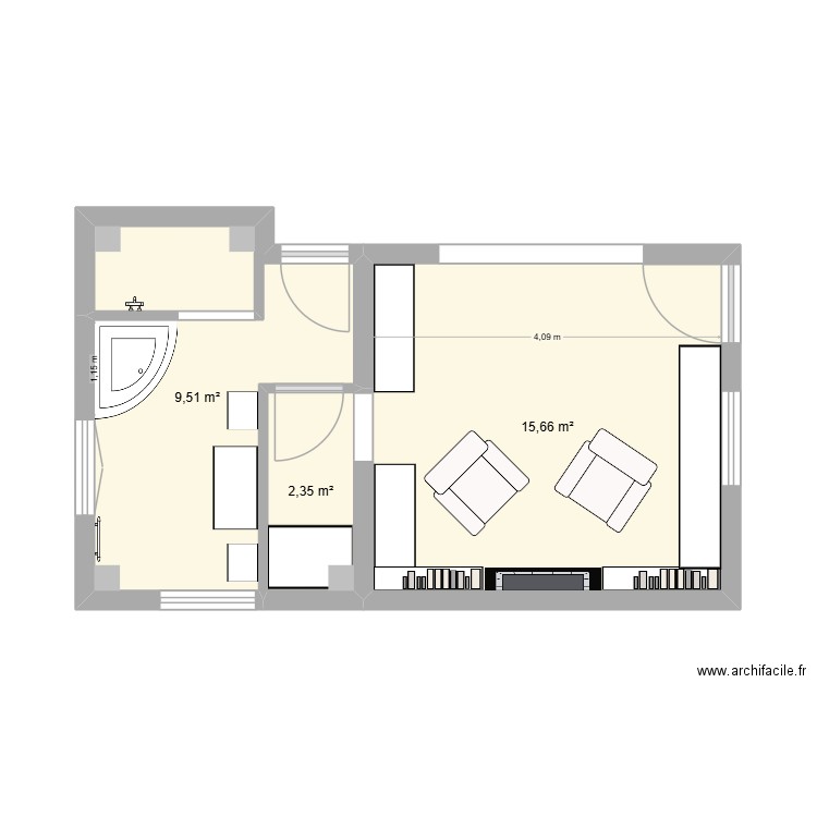 sdb sam max 1.4. Plan de 3 pièces et 28 m2