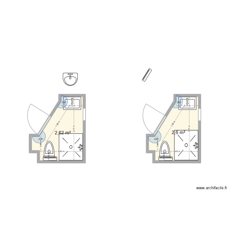 sdb. Plan de 2 pièces et 5 m2