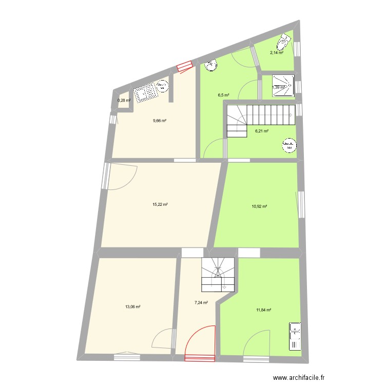 S2 RDC. Plan de 11 pièces et 84 m2