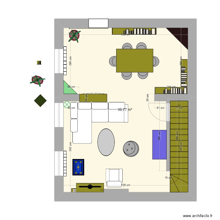 salon actuel. Plan de 1 pièce et 37 m2