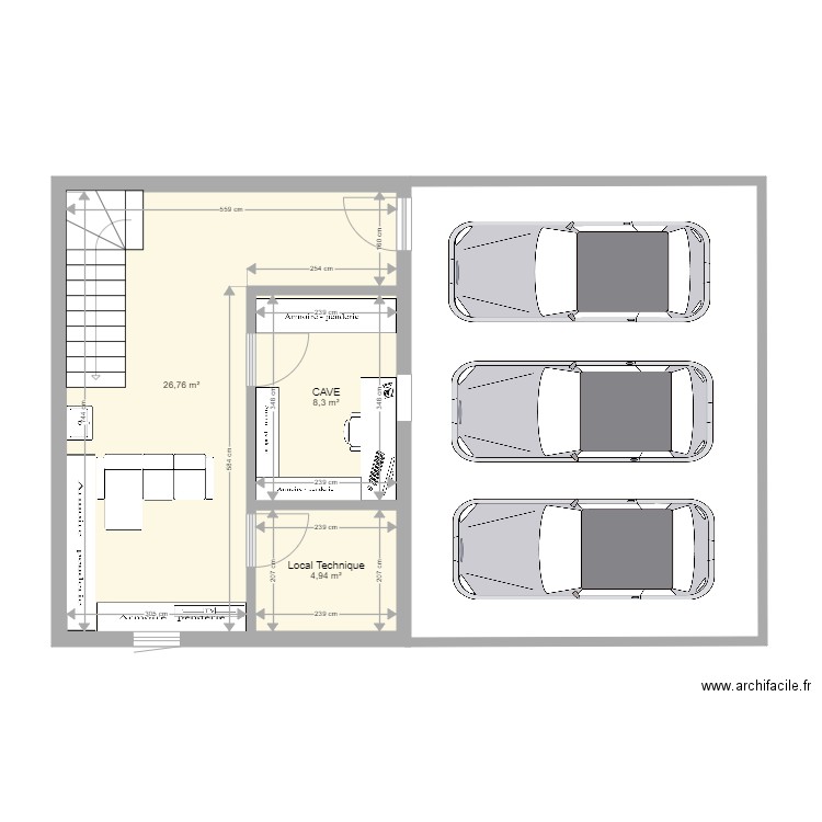 sous sol mod. Plan de 3 pièces et 40 m2