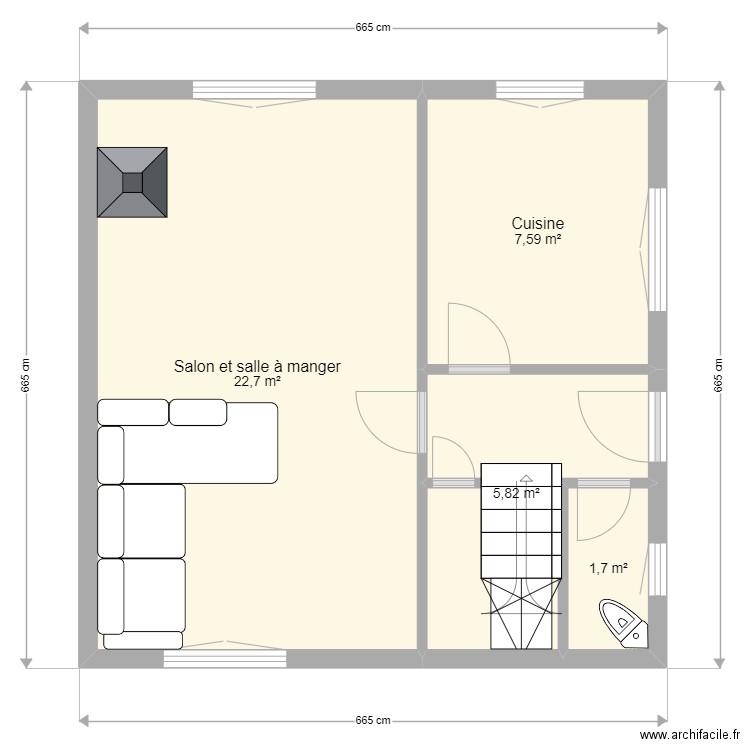 Rez de Chaussée. Plan de 4 pièces et 38 m2