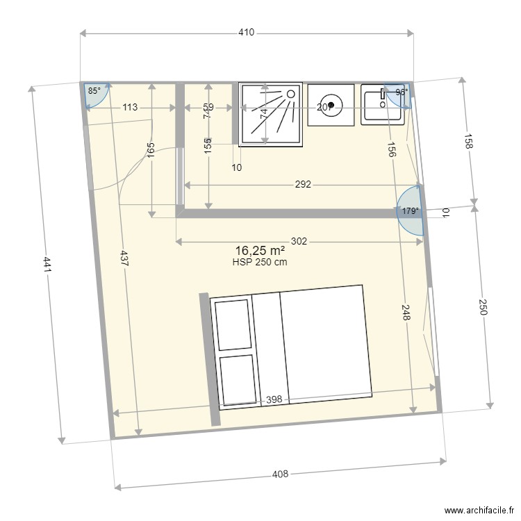 SDB Arles sans porte chambre. Plan de 1 pièce et 16 m2