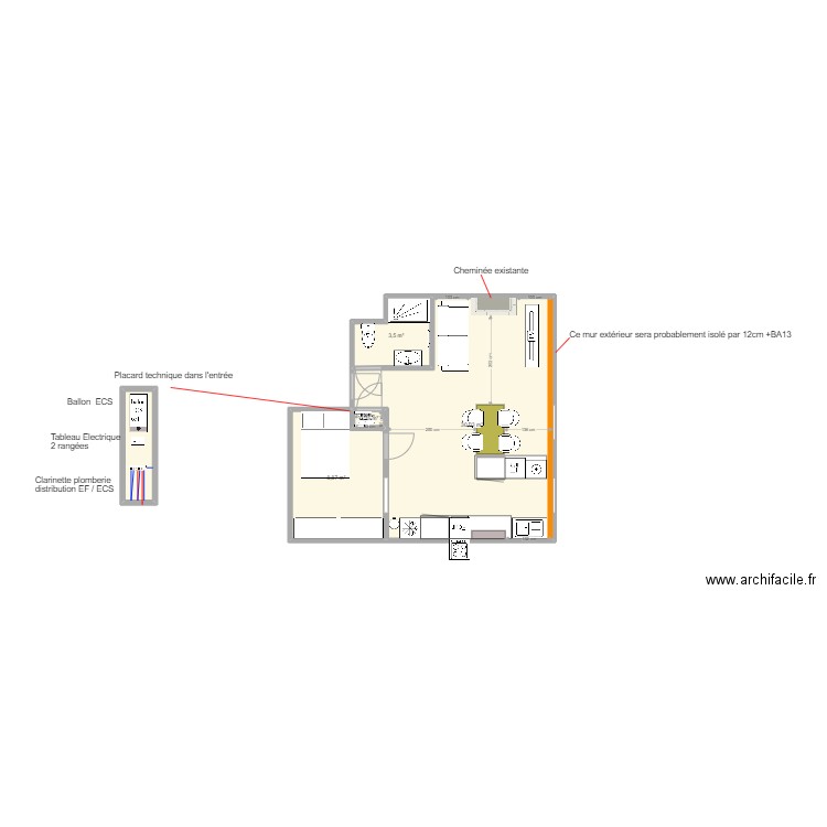 T2 joliette v1. Plan de 5 pièces et 45 m2