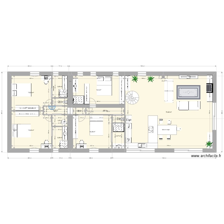 loft avec extension. Plan de 14 pièces et 153 m2