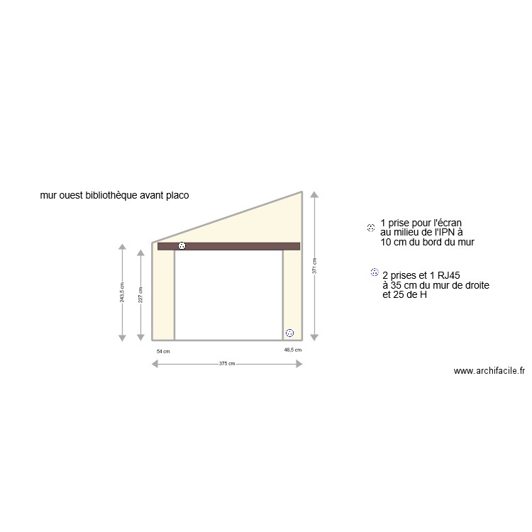 mur ouest bibliothèque avant placo. Plan de 2 pièces et 11 m2