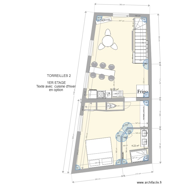 torreilles  2 1er etage avec cuisine. Plan de 2 pièces et 44 m2