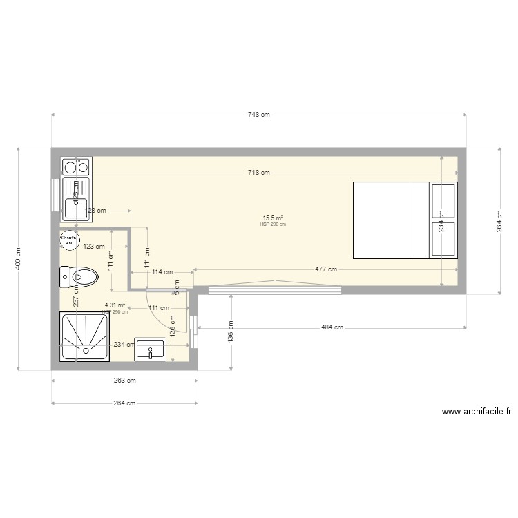 studio en L. Plan de 2 pièces et 20 m2