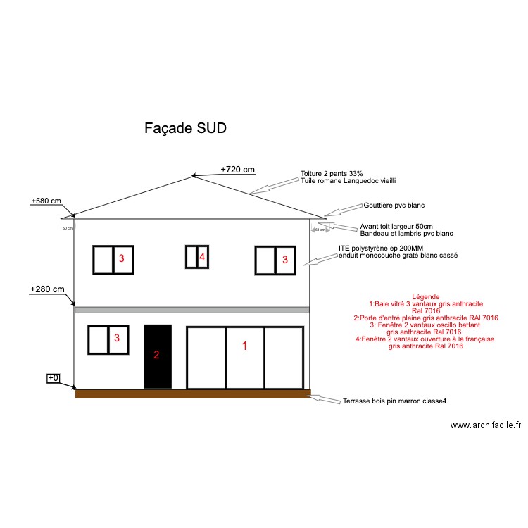 Plan façade sud. Plan de 0 pièce et 0 m2