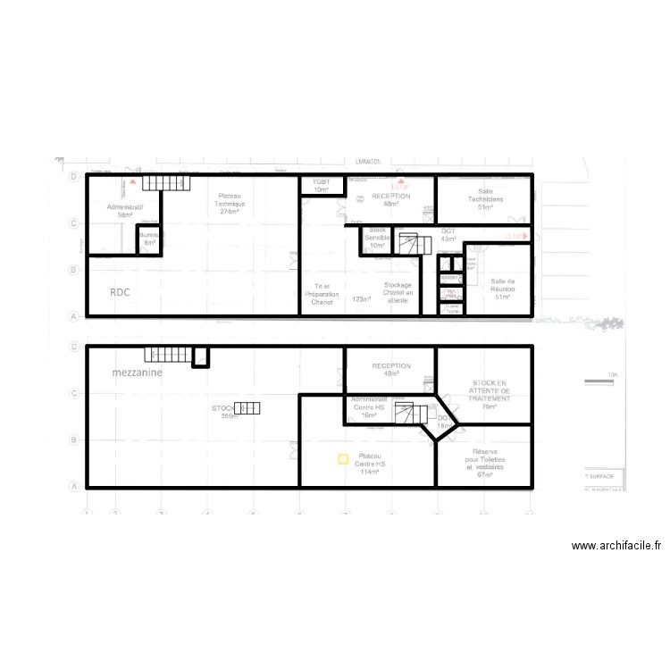 127-croquis RDC MEZZANINE. Plan de 20 pièces et 61 m2