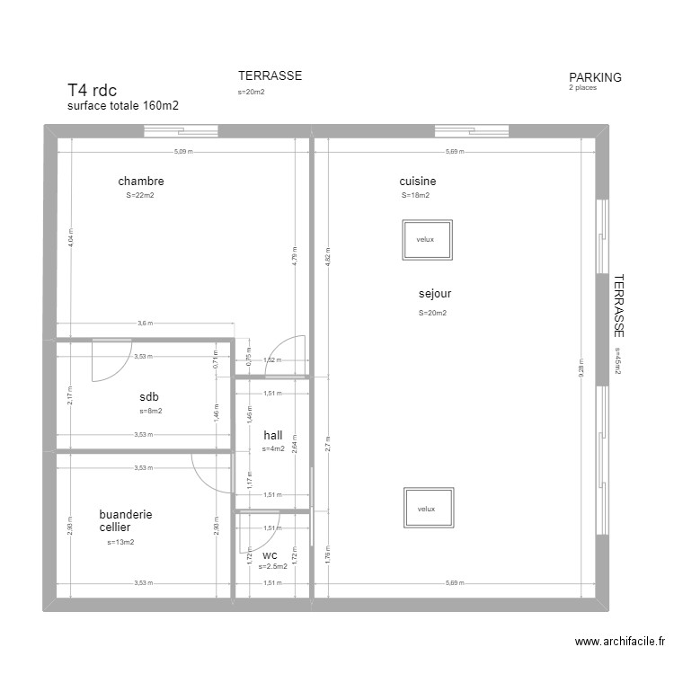 T4 rdc. Plan de 6 pièces et 99 m2