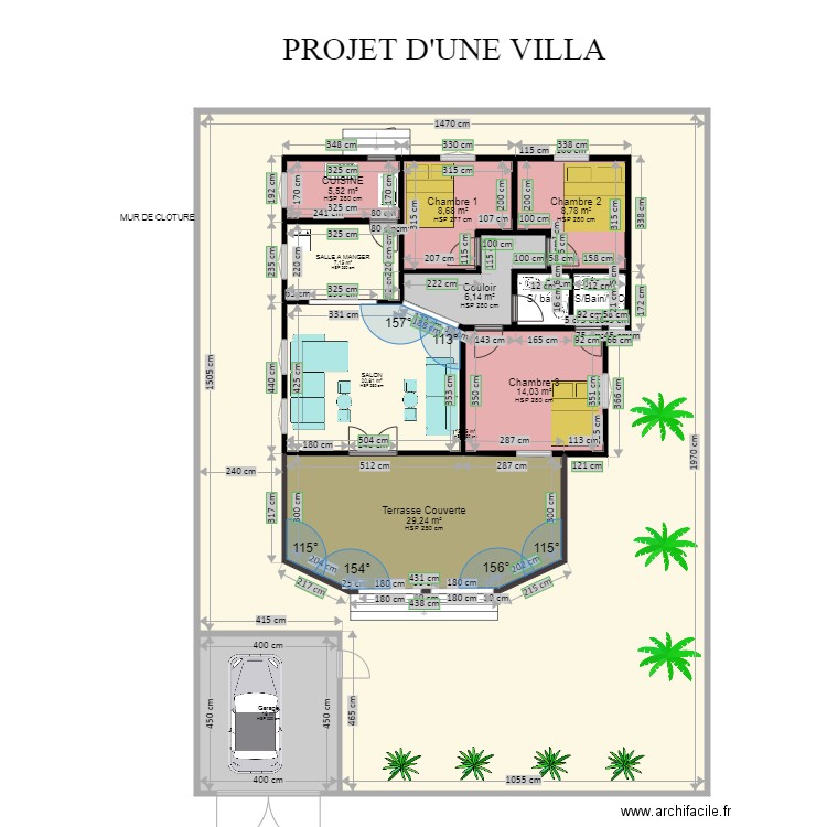 PROJET D'UNE VILLA.F4. Plan de 22 pièces et 498 m2