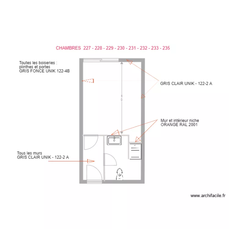 CHAMBRES  GRIS CLAIR ET ORANGE. Plan de 