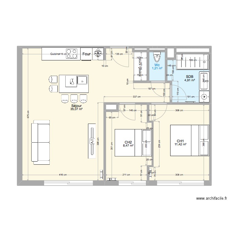 Agencement Apt  Berthaud. Plan de 10 pièces et 62 m2