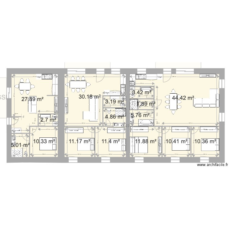 ETAGE plan facade. Plan de 35 pièces et 433 m2