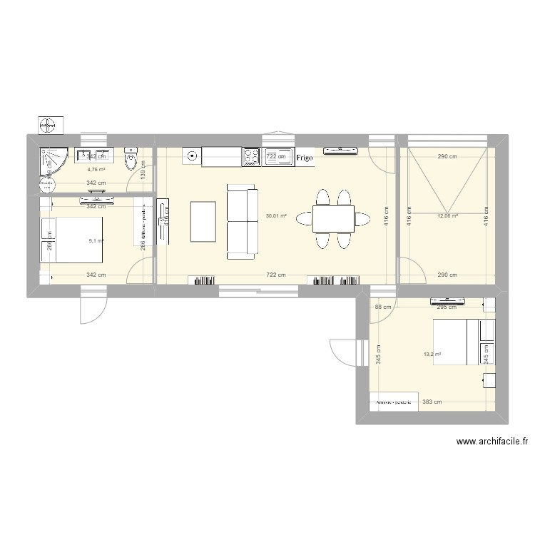 maisrectangle. Plan de 5 pièces et 69 m2