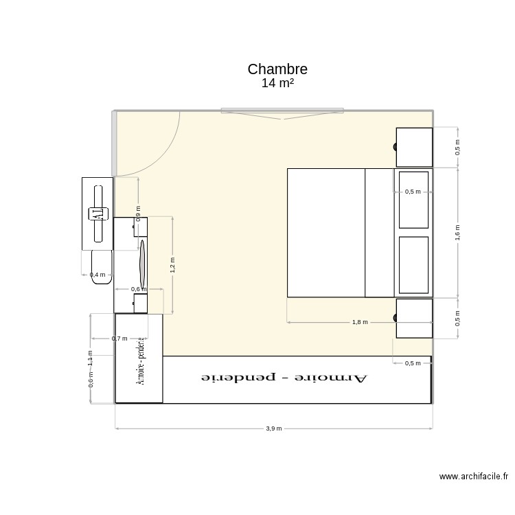 Suite parentale. Plan de 1 pièce et 14 m2