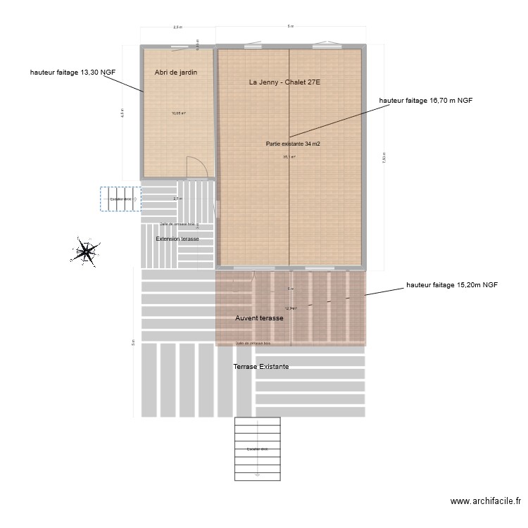 Plan Extension 2D avec terrasse V2. Plan de 2 pièces et 44 m2