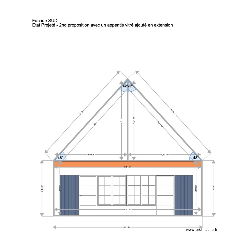 Facade SUD  état projeté projet 2 avec appentis vitré. Plan de 0 pièce et 0 m2
