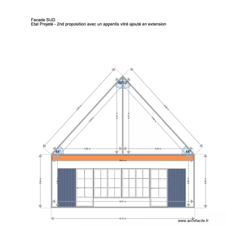 Facade SUD état projeté projet 2 avec appentis vitré. Plan de Facade SUD état projeté projet 2 avec appentis vitré. Plan de