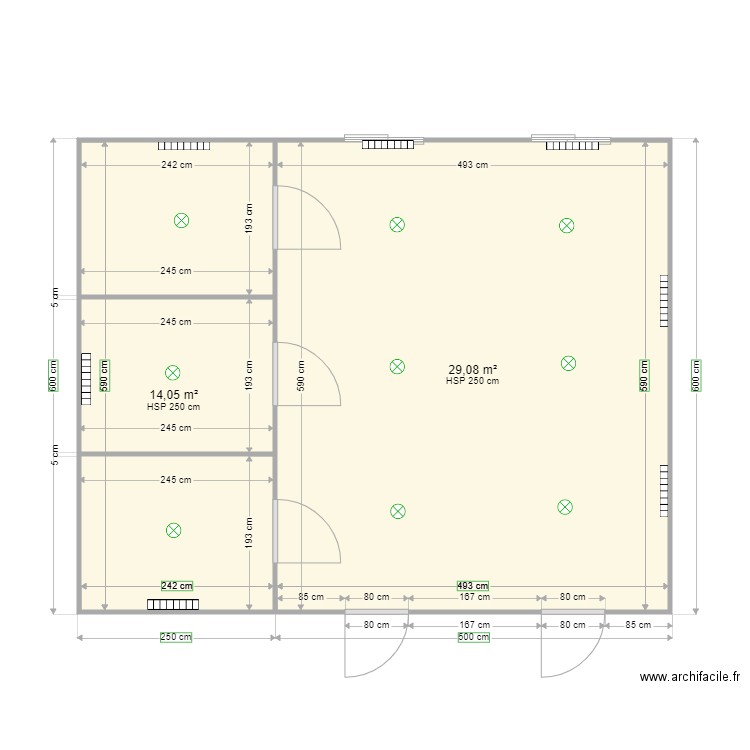 bungalow. Plan de 2 pièces et 43 m2