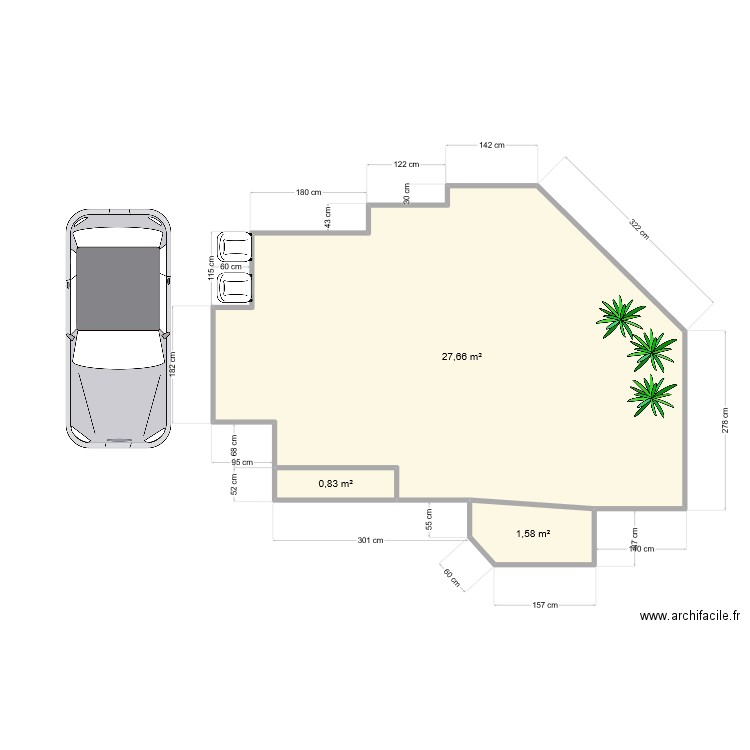 jardin. Plan de 3 pièces et 30 m2