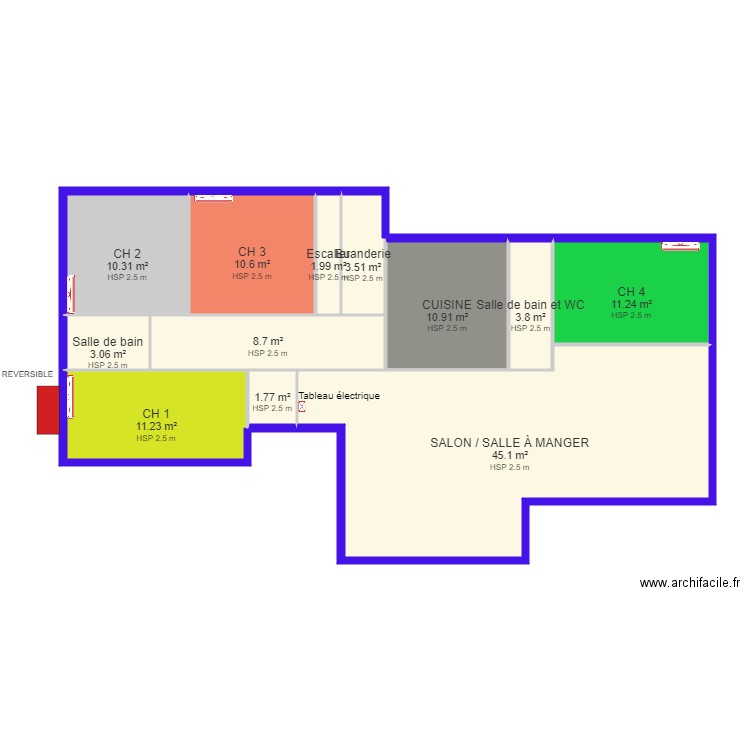 Plan implantation des splits dans les 4 chambres. Plan de 12 pièces et 122 m2